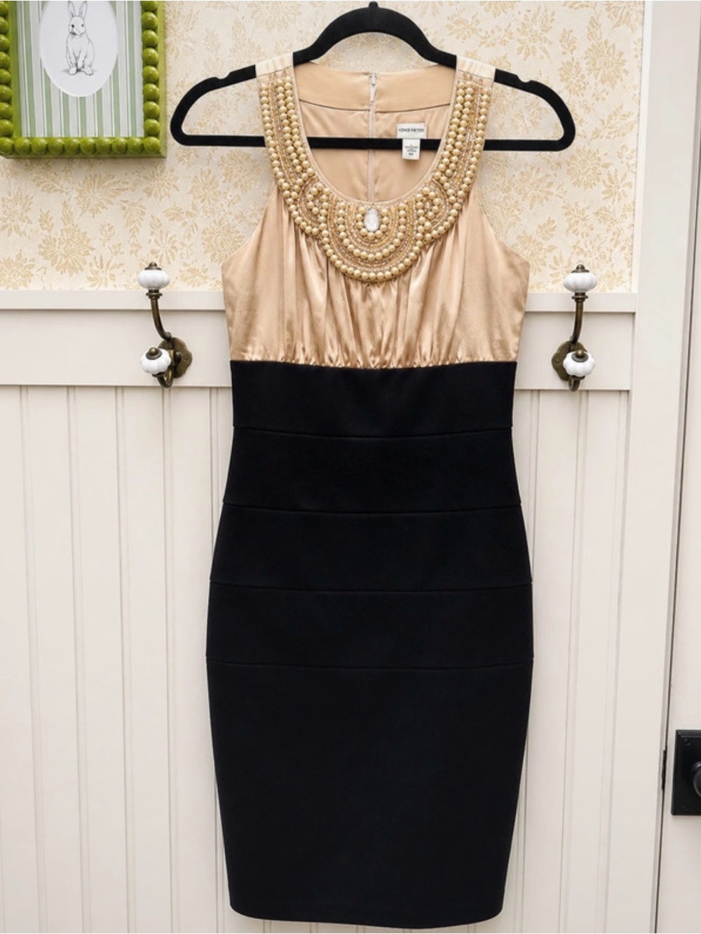 Signature by Sangria Gold Satin Beaded Neck Sheath Dress with Black Skirt